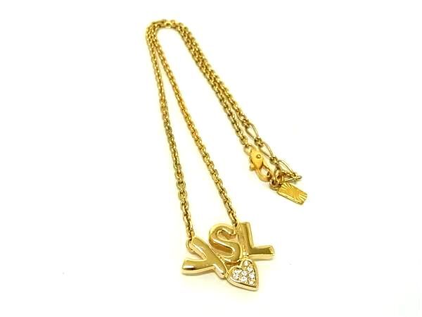 YVESSAINTLAURENT イヴサンローラン ネックレス ゴールド メタル レディース ラインストーン ロゴ 美品【本物保証】
