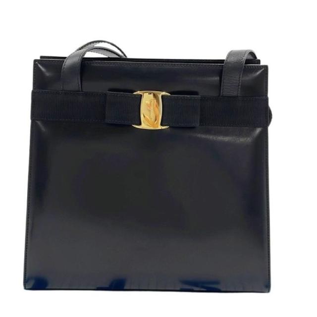 Salvatore Ferragamo フェラガモ ショルダーバッグ ヴァラリボン BL-216 676 ブラック系 レザー レディース ゴールド金具 美品【本物保証】
