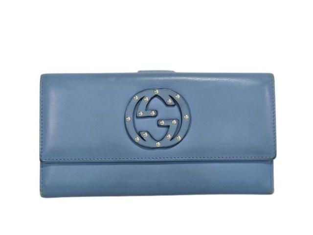 GUCCI グッチ 長財布 インターロッキングG 231843 ブルー系 レザー レディース スタッズ Ｗホック 二つ折り 美品【本物保証】