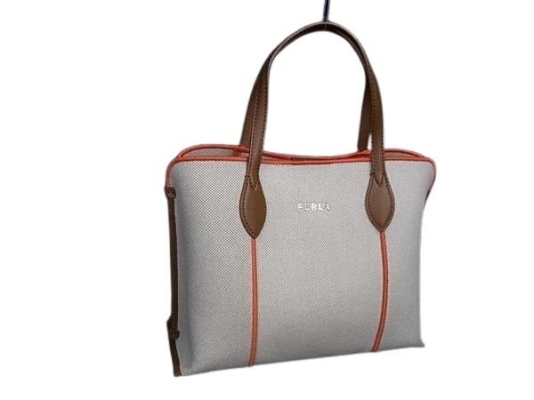 FURLA フルラ ハンドバッグ ヴィットリア アイボリー オレンジ キャンバス レザー レディース 超美品【本物保証】