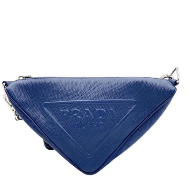 PRADA プラダ ショルダーバッグ トライアングルロゴ 2VH155 ブルー系 レザー ユニセックス 白タグ シルバー金具 美品【本物保証】