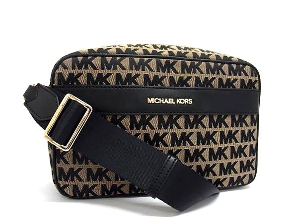 MICHAEL KORS マイケルコース ショルダーバッグ MK柄 ブラック ベージュ キャンバス レザー ユニセックス 超美品【本物保証】