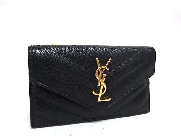 YVESSAINTLAURENT イヴサンローラン フラグメントケース コインケース カードケース カサンドラ 612808 ブラック レザー レディース YSL Vステッチ ゴールド金具 美品【本物保証】