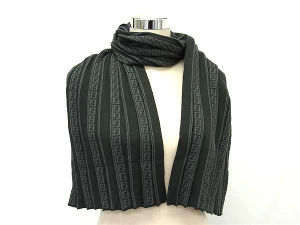 FENDI フェンディ マフラー ズッキーノ ブラック グレー ウール100％ ユニセックス 美品【本物保証】
