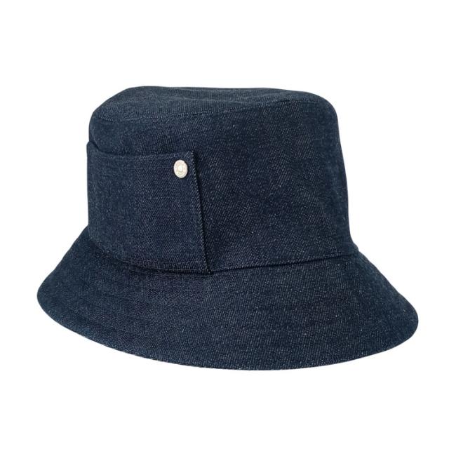 HERMES エルメス 帽子 ハット ≪ヘレン≫ シルキー H232029N インディゴ コットン100% ユニセックス バケットハット シルバー金具 超美品【本物保証】