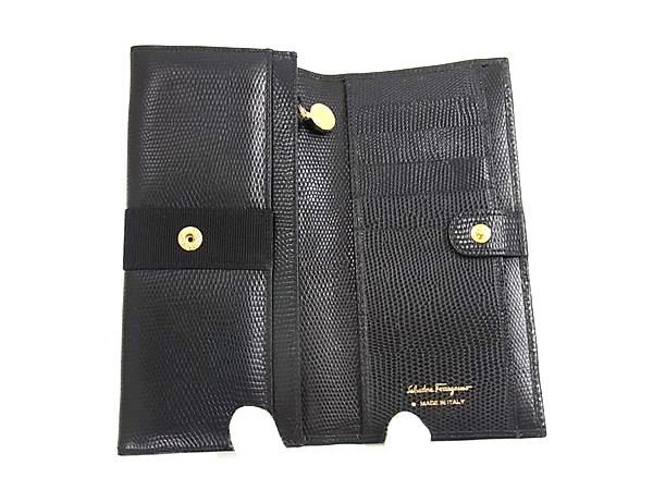 Salvatore Ferragamo フェラガモ 財布 ヴァラ 223059 ブラック リザード型押しレザー レディース 二つ折り 長財布 ゴールド金具 美品【本物保証】_3