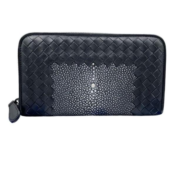 BOTTEGA VENETA ボッテガヴェネタ 財布 イントレチャート ブラック スティングレイ×ラムスキン ユニセックス ラウンドファスナー長財布 美品【本物保証】