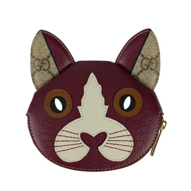 GUCCI グッチ コインケース GGスプリーム ズー キャット シェイプ 818766 ボルドー ベージュ PVC レザー レディース ゴールド金具 新古未使用展示品【本物保証】