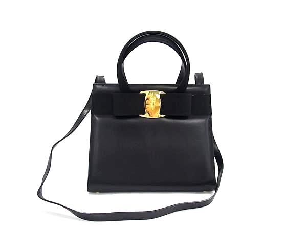 Salvatore Ferragamo サルバトーレフェラガモ ハンドバッグ ヴァラリボン BA21 4178 ブラック レザー レディース 2WAY ゴールド金具【本物保証】