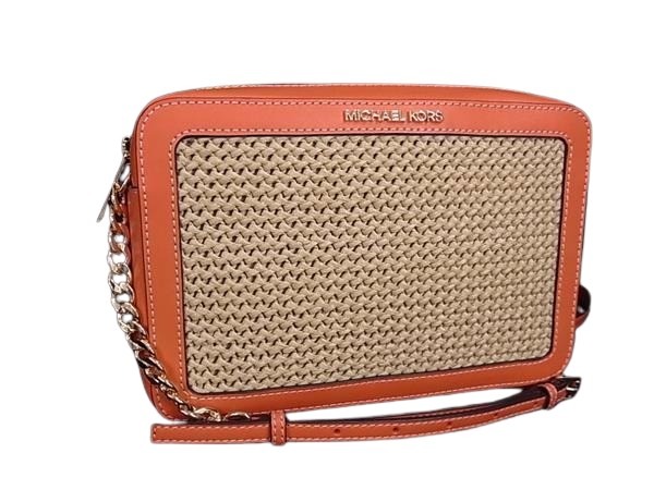 MICHAEL KORS マイケルコース ショルダーバッグ - - オレンジ ベージュ ストロー×レザー レディース チェーン ゴールド金具 新古未使用展示品【本物保証】