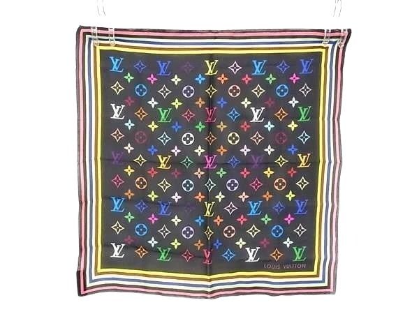 LOUIS VUITTON ルイヴィトン ハンカチーフ モノグラム ブラック マルチカラー系 シルク100% レディース ミニスカーフ 超美品【本物保証】