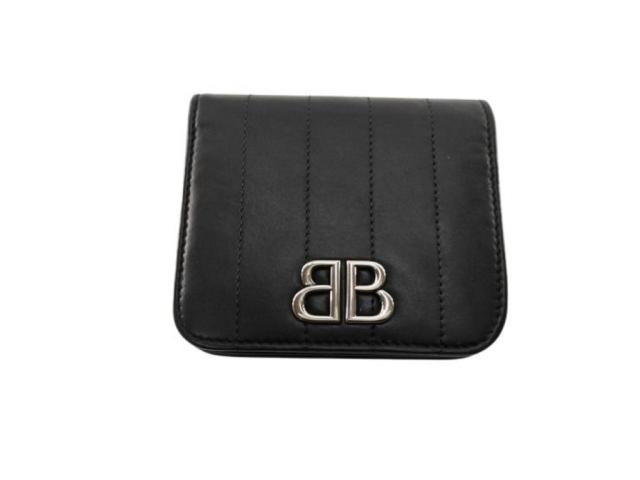 BALENCIAGA バレンシアガ 二つ折り財布 モナコ 765459 ブラック系 レザー ユニセックス BBロゴ シルバー金具 美品【本物保証】