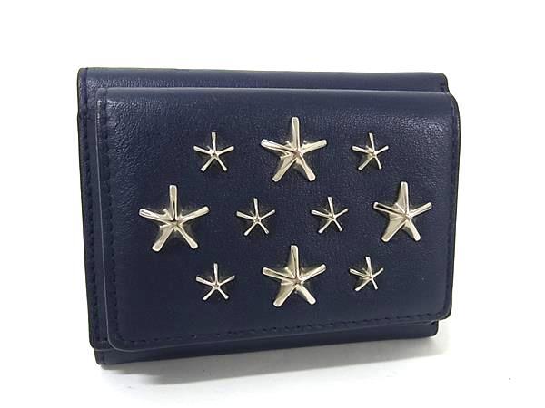 JIMMY CHOO ジミーチュウ 三つ折り財布 JAYDEN ジェイデン ネイビー系 レザー ユニセックス スタースタッズ 美品【本物保証】