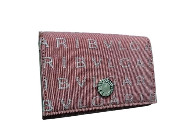 BVLGARI ブルガリ カードケース ロゴマニア - ピンク系 キャンバス レザー レディース シルバー金具 美品【本物保証】