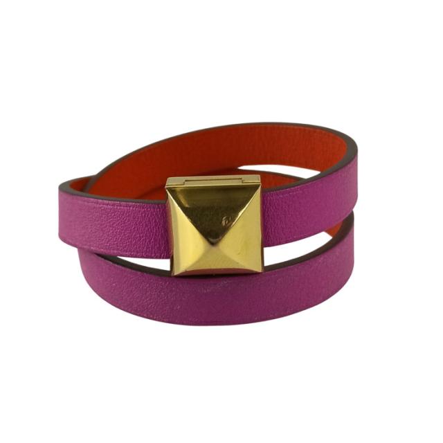 HERMES エルメス ブレスレット メドールアンフィニ パープル系 レッド系 レザー レディース 2連 2重 ゴールド金具 美品【本物保証】