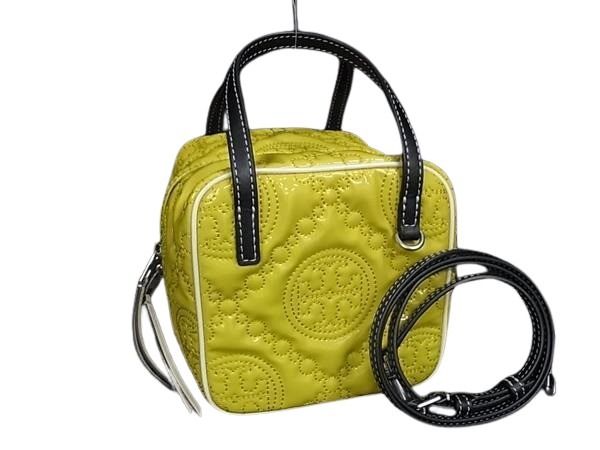 TORY BURCH トリーバーチ ハンドバッグ Tモノグラム キューブバッグ イエロー ブラック パテントレザー レザー レディース エンボス 2WAY 美品【本物保証】