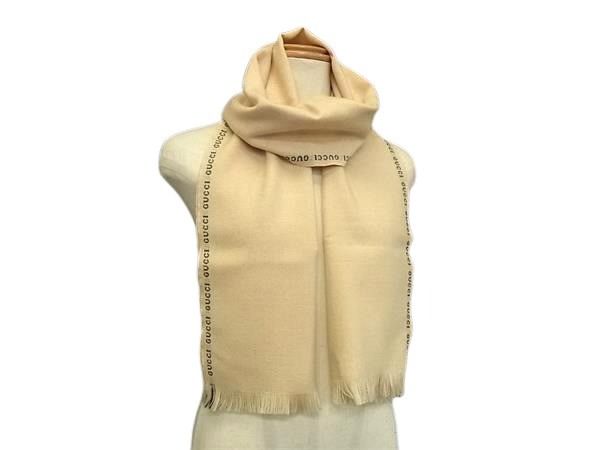 GUCCI グッチ マフラー ベージュ ブラック ウール100％ レディース ロゴ フリンジ 美品【本物保証】