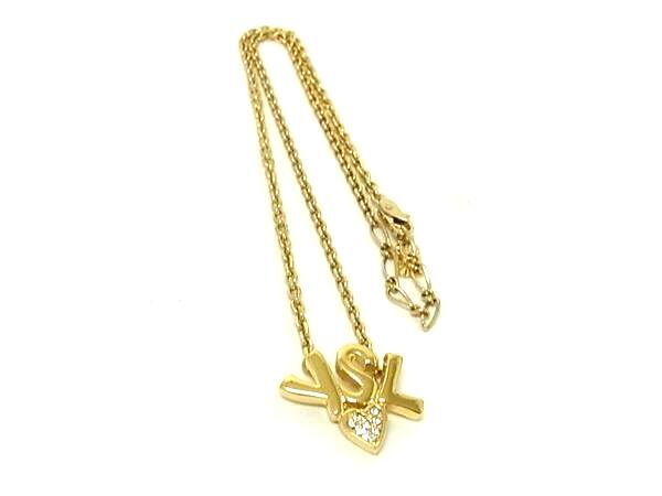 YVES SAINT LAURENT イヴ サンローラン ネックレス YSL ロゴ ハート ネックレス ゴールド メタル ラインストーン レディース 美品【本物保証】