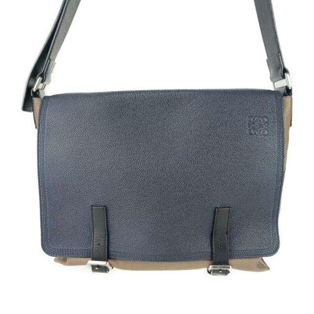 美品 LOEWE ロエベ メッセンジャーバッグ ミリタリー メッセンジャー - ネイビー ブラウン ブラック レザー ユニセックス シルバー金具【本物保証】