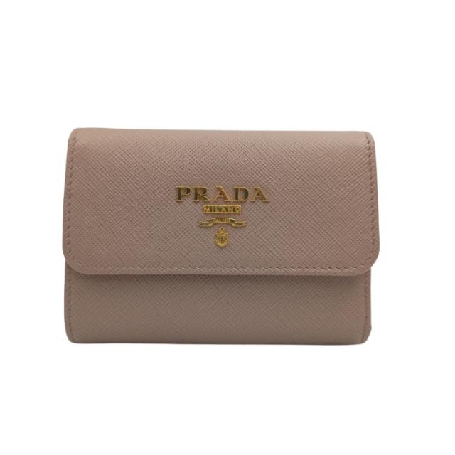 PRADA プラダ 三つ折り財布 1MH025 ベージュ系 サフィアーノレザー レディース ゴールド金具 美品【本物保証】