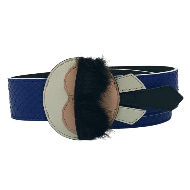 FENDI フェンディ ショルダーストラップ STRAP YOU KARLITO ストラップ ユー カーリト カールラガーフェルド ブルー ブラック ホワイト系 パイソン レザー ファー ユニセックス シルバー金具 美品【本物保証】