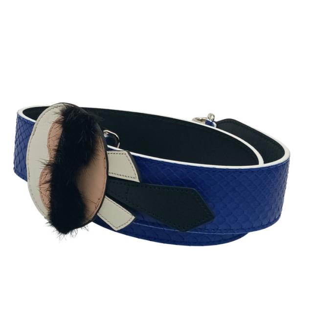 FENDI フェンディ ショルダーストラップ STRAP YOU KARLITO ストラップ ユー カーリト カールラガーフェルド ブルー ブラック ホワイト系 パイソン レザー ファー ユニセックス シルバー金具 美品【本物保証】_1