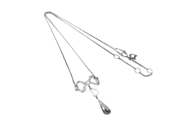 ChristianDior クリスチャンディオール ネックレス リボン - シルバー メタル レディース ラインストーン 美品【本物保証】