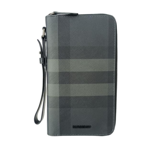 BURBERRY バーバリー 長財布 CHARCOAL CHECK チャコールチェック 8066839 チャコールグレー系 PVC レザー メンズ トラベルケース 美品【本物保証】