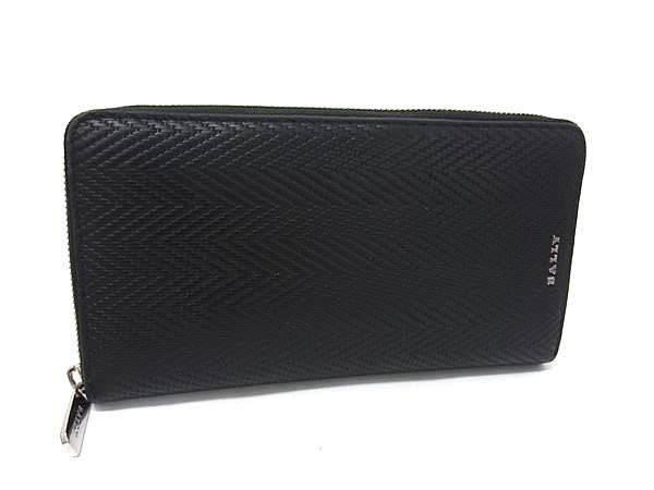 BALLY バリー 長財布 ブラック系 ジオメトリック加工レザー ユニセックス ラウンドファスナー 長財布 シルバー金具 美品【本物保証】