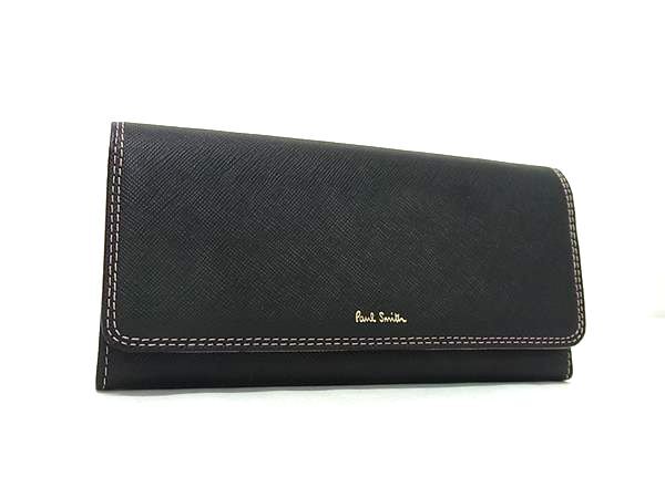 Paul Smith ポールスミス 二つ折り財布 クロスグレイン 長財布 PWD526 ブラック ピンク レザー レディース ゴールド金具 超美品【本物保証】
