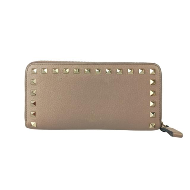 VALENTINO GARAVANI ヴァレンティノ ガラヴァーニ 財布 ロックスタッズ ベージュ レザー レディース ラウンドファスナー 長財布【本物保証】