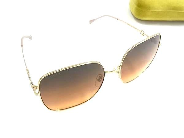GUCCI グッチ アイウェア ホースビット スクエアフレーム サングラス GG0879S ゴールド系 メタル メンズ 美品【本物保証】