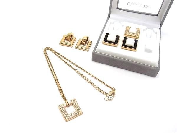 Christian Dior ディオール ペンダント チェンジトップ ネックレス イヤリング セット ゴールド系 メタル ラインストーン レディース スクエア 美品【本物保証】 22,800円