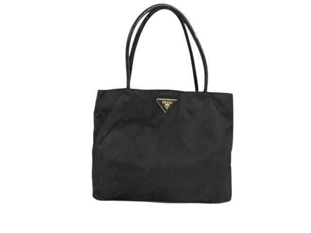 PRADA プラダ トートバッグ トライアングルロゴ BR3854 ブラック系 ナイロン エナメル レディース 三角ロゴ ゴールド金具【本物保証】