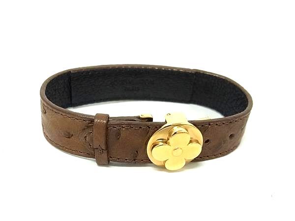 LOUIS VUITTON ルイヴィトン ブレスレット グッドラック ブレス M64441 ブラウン オーストリッチ ユニセックス ゴールド金具 美品【本物保証】