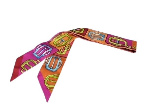 HERMES エルメス リボンスカーフ ツイリー マルチカラー シルク100％ レディース BOUCLERIE D ATTELAGE アトラージュのバックル 美品【本物保証】 16,950円
