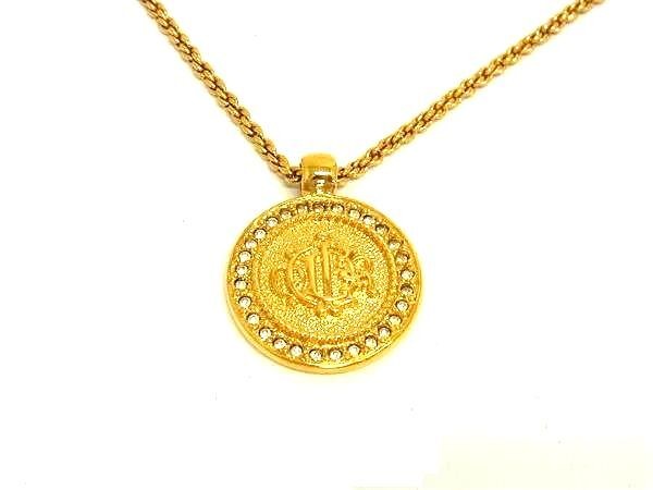 DIOR ディオール ネックレス ゴールド メタル レディース エンブレム ラインストーン 美品【本物保証】