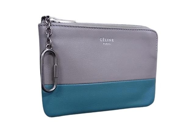 CELINE セリーヌ ケース ソロ グレー ブルー レザー ユニセックス バイカラー 美品【本物保証】