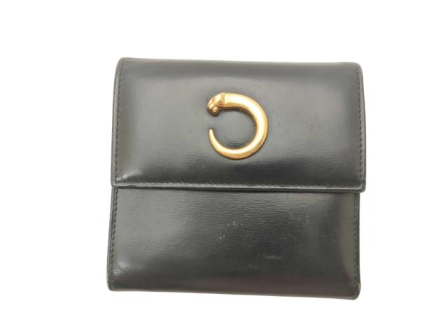 Cartier カルティエ 財布 パンテール ブラック レザー レディース 三つ折り 財布 ゴールド金具【本物保証】