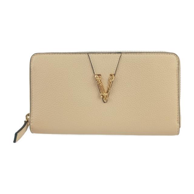 新品未使用展示品 VERSACE ヴェルサーチェ 財布 ヴィルトゥス ラウンドファスナー 長財布 1006263 ベージュ系 ゴールド金具 レザー レディース ヴェルサーチ レターV【本物保証】