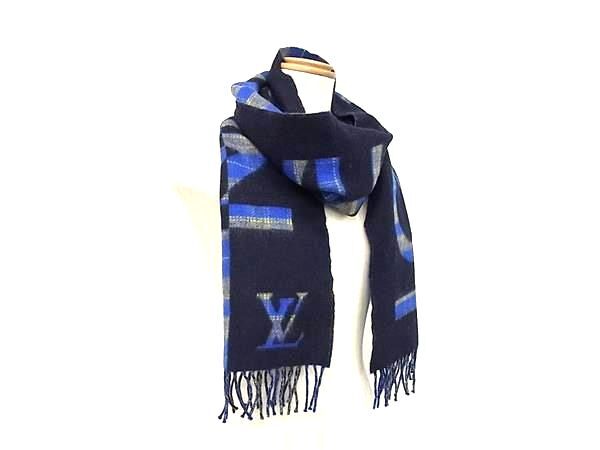LOUIS VUITTON ルイヴィトン マフラー エシャルプ チェックウィズルイ M76036 ブルー系 ウール90％ カシミヤ10％ ユニセックス 美品【本物保証】