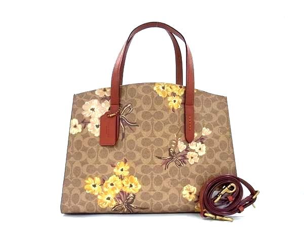 COACH コーチ ハンドバッグ シグネチャー 54650 ベージュ ブラウン PVC レザー レディース 花柄 2WAY 超美品【本物保証】