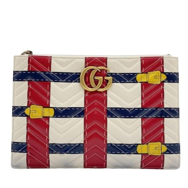 GUCCI グッチ クラッチバッグ GGマーモント 466489 アイボリー レッド ネイビー系 レザー ユニセックス ベルトモチーフ ゴールド金具 美品【本物保証】