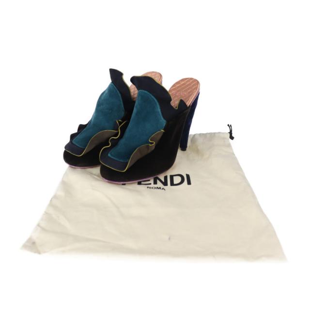 新品未使用展示品 FENDI フェンディ シューズ - サンダル 表記サイズ 36 1/2 ベルベット ブラック ミュール フリル 参考サイズ 23.5cm【本物保証】