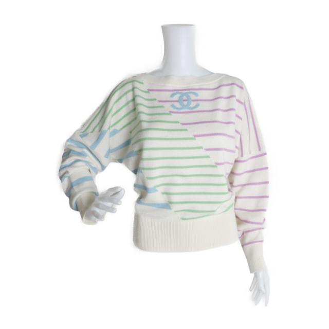 美品 CHANEL シャネル ココマーク P62885K 48446 セーター 表記サイズ 38 カシミヤ アイボリー ニット ボーダー ドルマンスリーブ プルオーバー【本物保証】の通販は