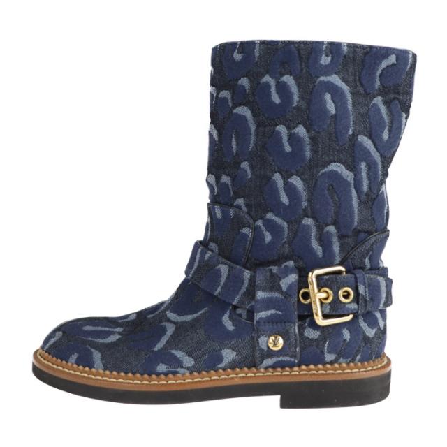 超美品 LOUIS VUITTON ルイ ヴィトン シューズ - ブーツ 表記サイズ 34 デニム ネイビー ハーフブーツ レオパード 豹柄 参考サイズ 21.5cm ビトン ベルト【本物保証】
