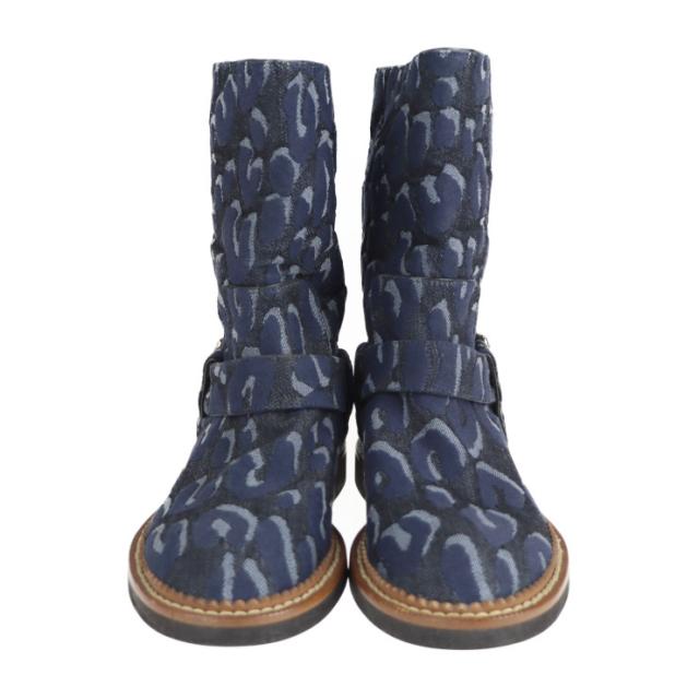 超美品 LOUIS VUITTON ルイ ヴィトン シューズ - ブーツ 表記サイズ 34 デニム ネイビー ハーフブーツ レオパード 豹柄 参考サイズ 21.5cm ビトン ベルト【本物保証】