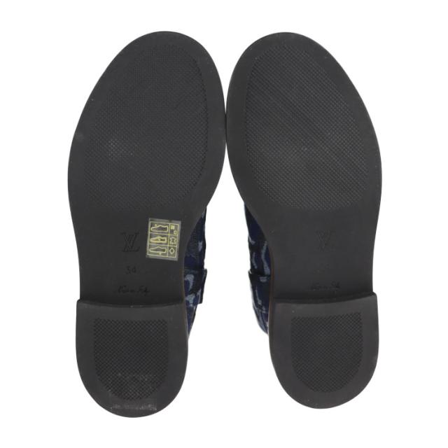 超美品 LOUIS VUITTON ルイ ヴィトン シューズ - ブーツ 表記サイズ 34 デニム ネイビー ハーフブーツ レオパード 豹柄 参考サイズ 21.5cm ビトン ベルト【本物保証】