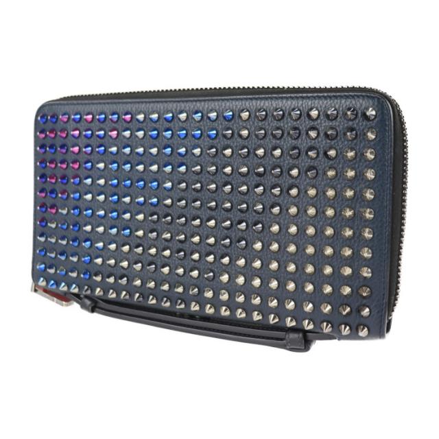 美品 Christian Louboutin クリスチャンルブタン パネトーネ ウォレットXL 3175209 長財布 レザー ネイビー スパイクスタッズ ラウンドファスナー クラッチ ハンドバッグ トラベルケース【本物保証】_1