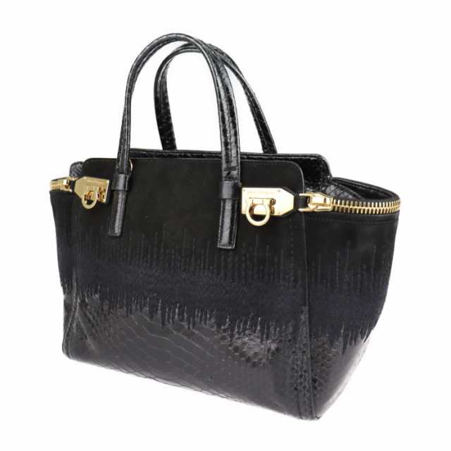 美品 Salvatore Ferragamo サルヴァトーレ フェラガモ ガンチーニ 21 E968 ハンドバッグ パイソン スウェード ブラック 2WAY ショルダーの通販は